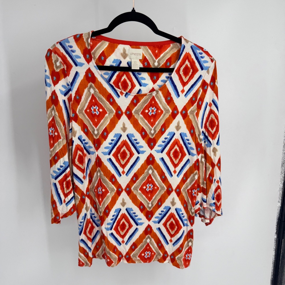 Chicos Geometric Ikat Print Scoop Neck 3/4 Bell Sleeve Top Orange Blue Size 0